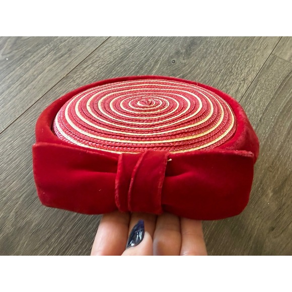Janyth Roy New York Vintage Pillbox Hat Red Velvet Bow Mid Century 59s Style
